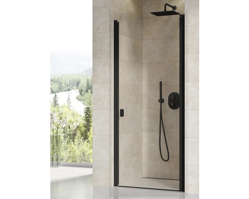 Sprchovací kút s čiernym rámom, hlavovou a ručnou sprchou