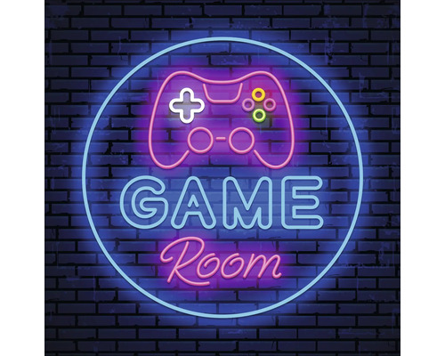 Sklenený obraz Game Room I 20x20 cm Neónový nápis s nápisom Herná miestnosť a herným ovládačom na tehlovej stene