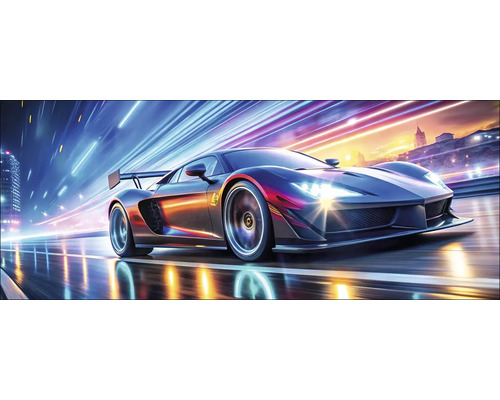 Sklenený obraz Neon Car III 50x125 cm Športové auto rýchlo jazdí po ceste v meste