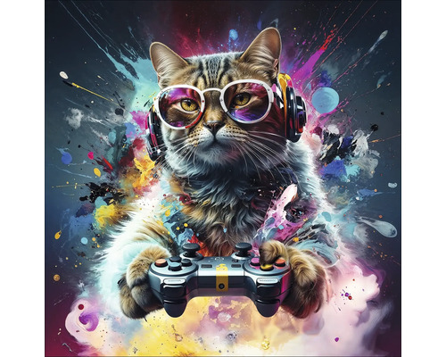 Sklenený obraz Gaming Cat 50x50 cm Mačka so slúchadlami a okuliarmi držiaca ovládač