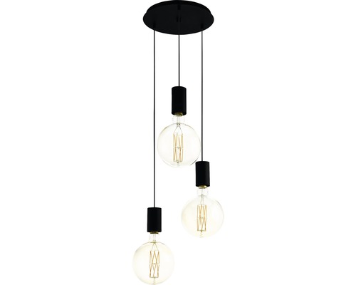 Závesná lampa s tromi svietidlami a okrúhlymi žiarovkami