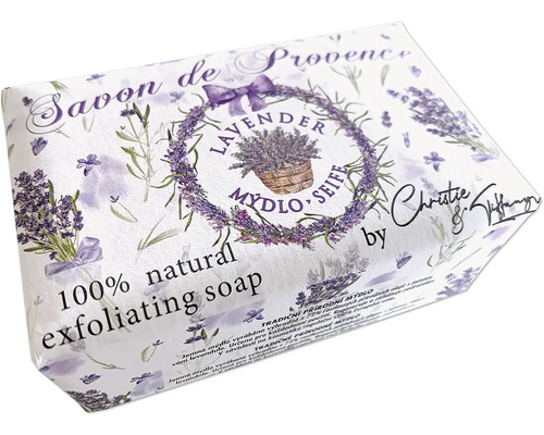 Balené levanduľové peelingové mydlo s nápisom Savon de Provence.