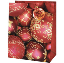 Darčeková taška s červenými vianočnými guľami so zlatými ozdobami