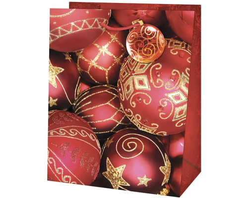 Darčeková taška s červenými vianočnými guľami so zlatými ozdobami