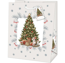 Darčeková taška s motívom vianočného stromčeka, darčekov a hojdacieho koňa