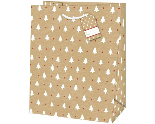 Darčeková taška so vzorom vianočného stromčeka a darčekovým štítkom