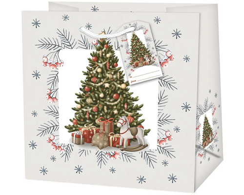 Darčeková taška s motívom vianočného stromčeka, darčeka a hojdacieho koňa