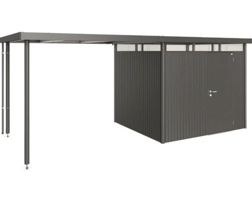 Prístrešok pre záhradný domček Biohort HighLine 3 vel. S 150x235 cm tmavo sivý metalický Kovová záhradná chatka s prístreškom pre auto na vonkajšie použitie