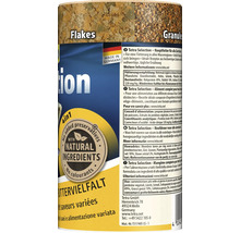Krmivo pre okrasné ryby Tetra Selection s vločkami a granulami, logo Made in Germany a pečať pre prírodné zložky bez konzervantov.