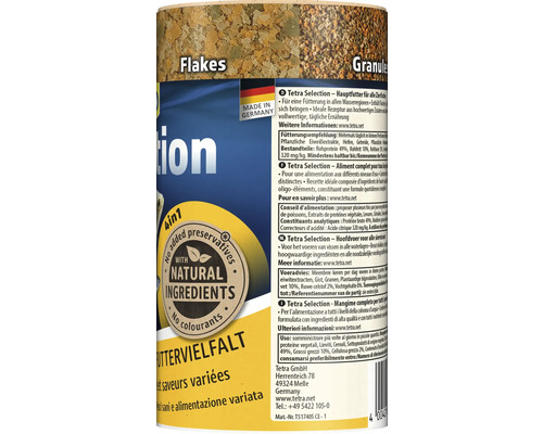 Krmivo pre okrasné ryby Tetra Selection s vločkami a granulami, logo Made in Germany a pečať pre prírodné zložky bez konzervantov.