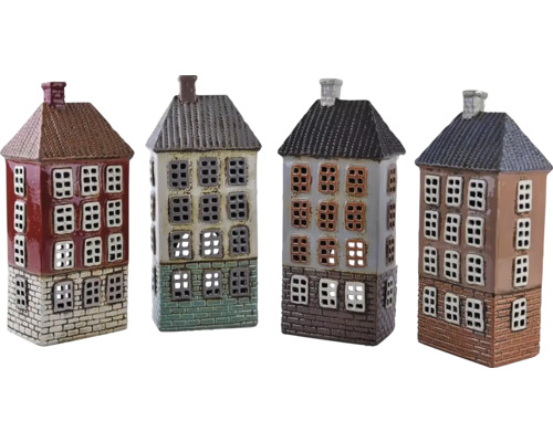 Svietnik domček keramika 9,5 cm x 12 cm x 25,5 cm hnedá prírodný červená Štyri ozdobné keramické budovy s okennými otvormi