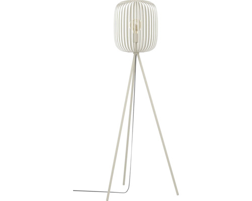 Stojaca lampa s tienidlom z drevených lamiel a statívovou nohou