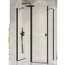 Sprchovací kút s čiernym rámom a armatúrami