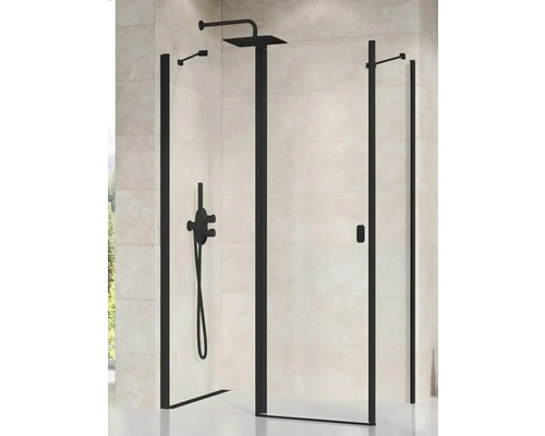 Sprchovací kút s čiernym rámom a armatúrami