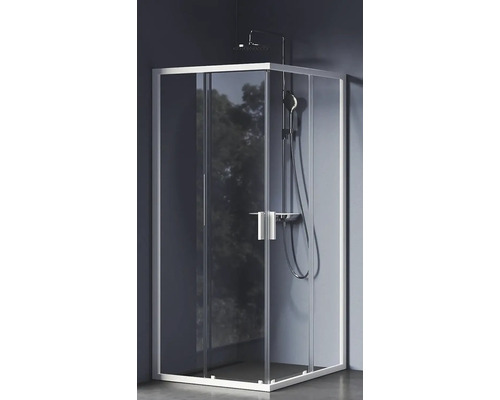 Rohová sprcha s presklenými posuvnými dverami a sprchovou hlavicou