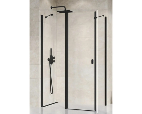 Sprchovací kút s čiernym rámom a armatúrami