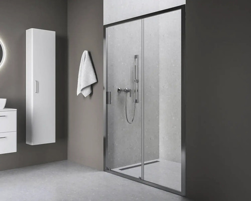 Sprchové dvere do niky RAVAK Blix II 110 cm farba rámu hliník dekor skla číre sklo 0PMD0C00Z1 Kúpeľňa so sprchovacím kútom s posuvnými dverami, skrinkou pod umývadlo a vysokou skriňou
