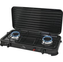 Prenosný plynový varič s dvoma horákmi a grilom