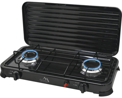 Prenosný plynový varič s dvoma horákmi a grilom