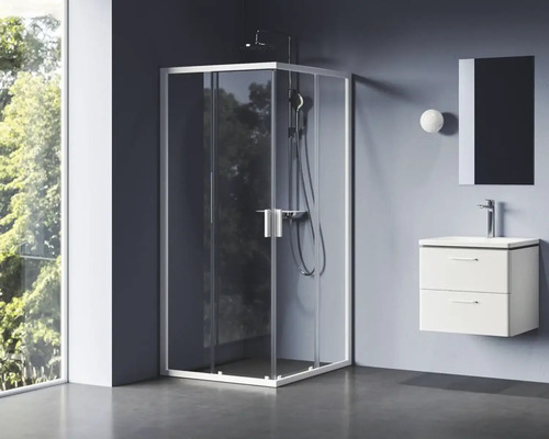 Kúpeľňa so sprchovacím kútom, skrinkou pod umývadlo a zrkadlom