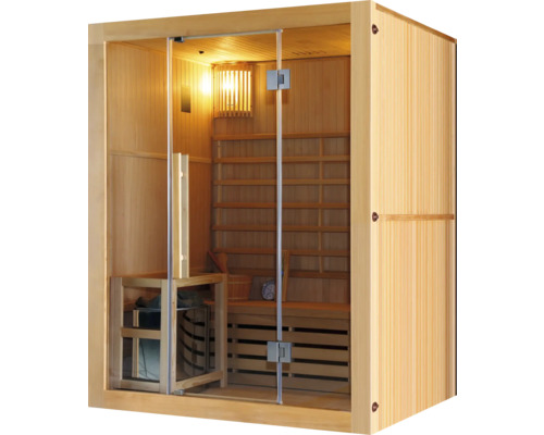 Drevená sauna so sklenenými dverami a interiérom