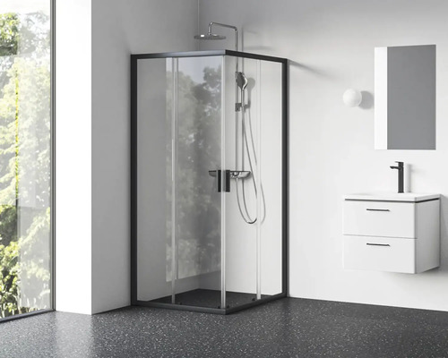 Sprchový kút s rohovým vstupom RAVAK Blix II 120 cm farba rámu čierna dekor skla číre sklo 1XMG0300Z1 Rohová sprcha s čiernym rámom, umývadlo a zrkadlo v kúpeľni