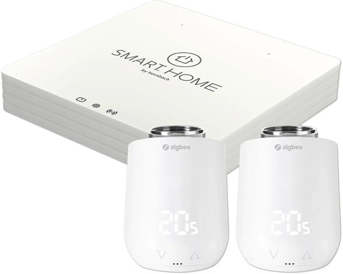 Centrála inteligentnej domácnosti Hornbach s dvoma termostatickými hlavicami radiátorov