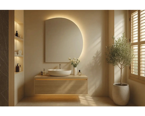 Svetlá kúpeľňa s umývadlom, zrkadlom, rastlinou a oknom