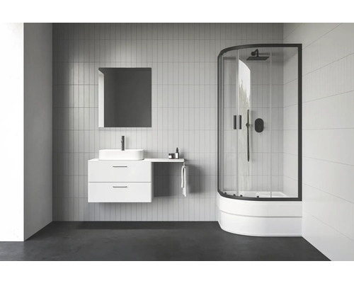 Štvrťkruhový sprchový kút RAVAK Blix II 80 cm farba rámu hliník dekor skla číre sklo 3BM40340Z1 Svetlá kúpeľňa s umývadlom, zrkadlom a sprchovacím kútom