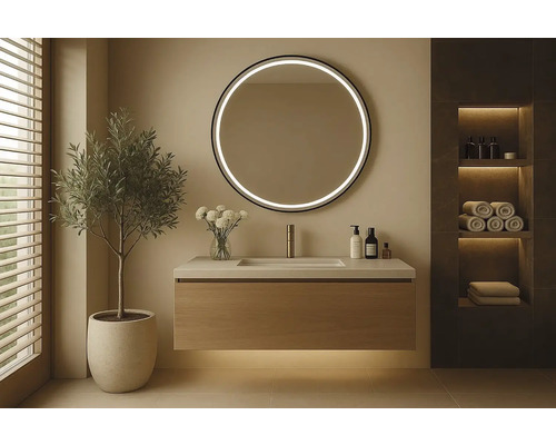 Moderná kúpeľňa s umývadlom, okrúhlym zrkadlom s osvetlením a dekoráciami.