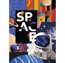 Grafické znázornenie vesmírnych motívov s astronautom, planétami a hviezdami