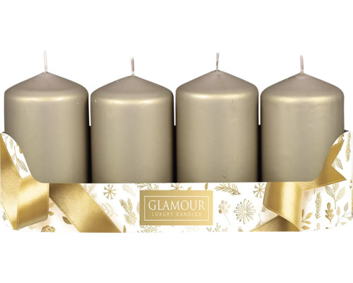 Sviečky adventné metalické Ø 5 cm matne béžové 4 ks Štyri sviečky v tvare valca v dekoratívnom balení.