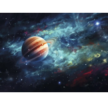 Ilustrácia planéty s prstencami na pozadí hmloviny