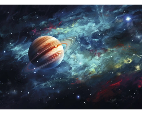 Obraz na plátne Jupiter 70x50cm Ilustrácia planéty s prstencami na pozadí hmloviny
