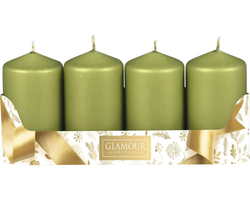 Sviečky adventné metalické Ø 5 cm matne olivové 4 ks Štyri sviečky v tvare valca v balení