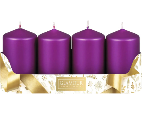 Sviečky adventné metalické Ø 5 cm matne fialové 4 ks Štyri sviečky v obale s logom Glamour Luxury Candles