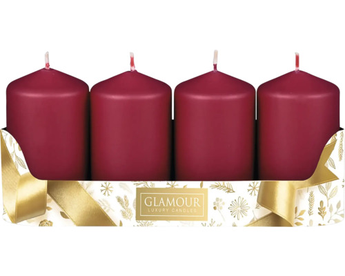 Sviečky adventné metalické Ø 5 cm matne červené 4 ks Štyri sviečky v slávnostnom balení s logom Glamour Luxury Candles.