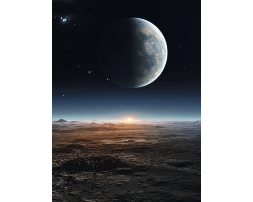 Obraz na plátne Between sun 50x70cm Ilustrácia planetárnej krajiny s inou planétou na oblohe