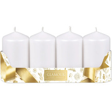 Štyri biele stĺpové sviečky v ozdobnom balení