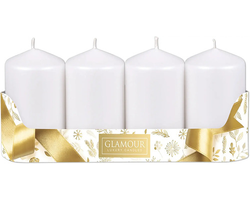 Sviečky adventné metalické Ø 5 cm matne biele 4 ks Štyri biele stĺpové sviečky v ozdobnom balení