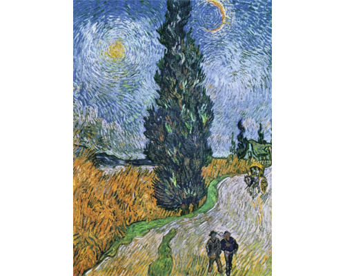 Obraz na plátne Starry night 70x100cm Maľba krajiny s cyprusmi, hviezdami a postavami