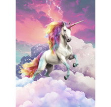 Jednorožec s farebnou hrivou a chvostom na pozadí oblakov a bleskov.