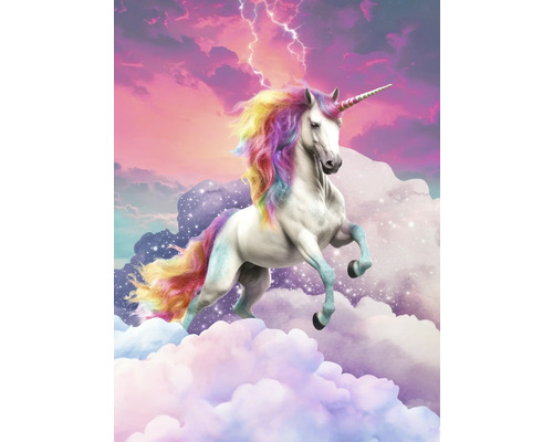 Obraz na plátne Magical unicorn 50x70cm Jednorožec s farebnou hrivou a chvostom na pozadí oblakov a bleskov.