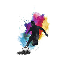 Ilustrácia futbalistu s futbalovou loptou na farebnom pozadí