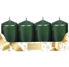 Štyri zelené stĺpové sviečky v darčekovom balení so stuhou.