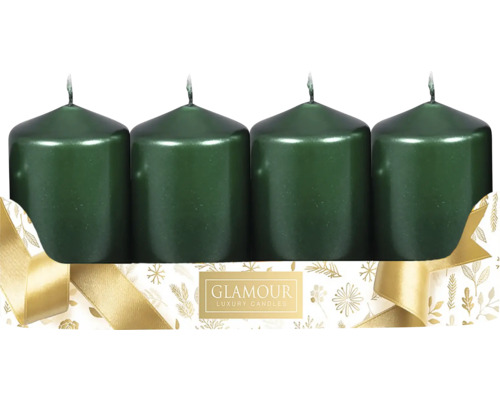 Sviečky adventné metalické Ø 5 cm lesklé zelené 4 ks Štyri zelené stĺpové sviečky v darčekovom balení so stuhou.