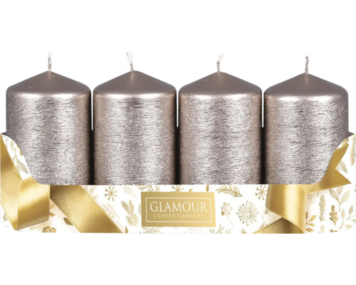 Sviečky adventné škrabané Taurus metalické sivé 4 ks Štyri sviečky v tvare stĺpov v balení