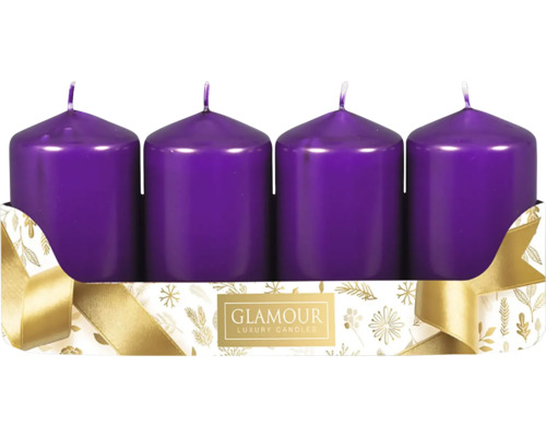 Sviečky adventné metalické Ø 5 cm lesklé fialové 4 ks Štyri sviečky v tvare stĺpika v ozdobnom balení