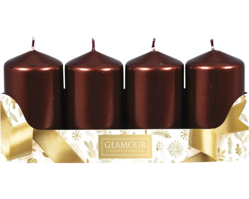 Sviečky adventné metalické Ø 5 cm lesklé bordó 4 ks Štyri hnedé stĺpové sviečky vo sviatočnom balení