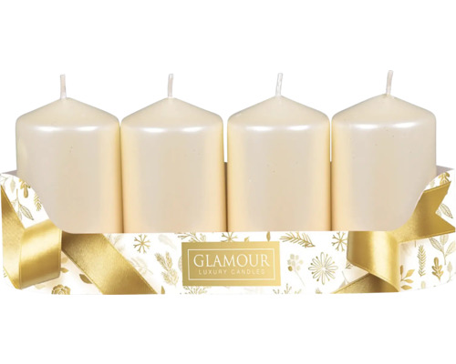Sviečky adventné metalické Ø 5 cm lesklé béžové 4 ks Štyri biele stĺpové sviečky v ozdobnom balení